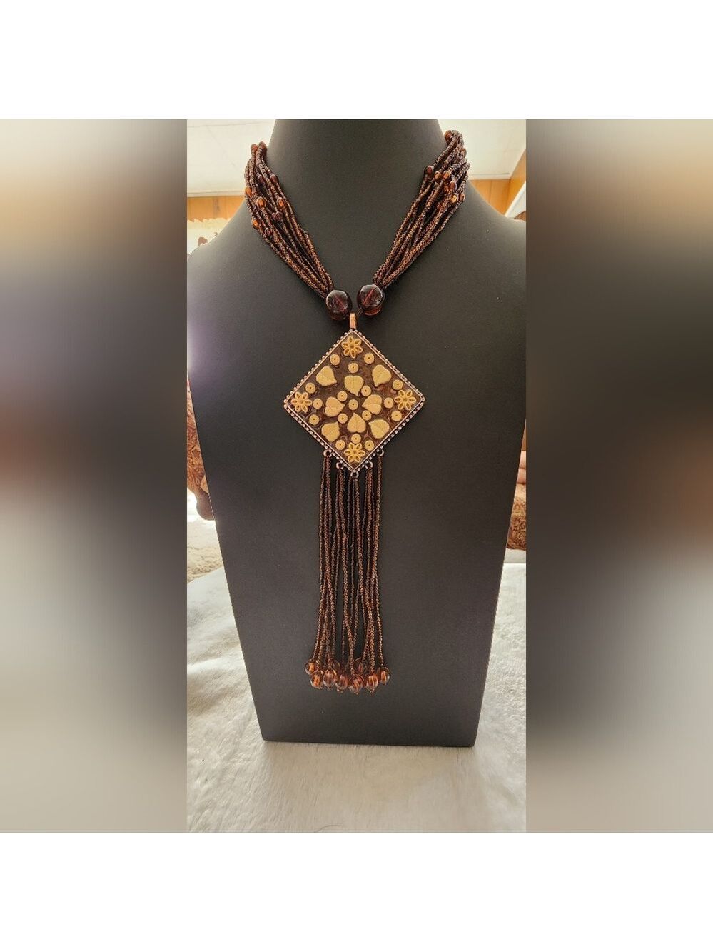 Vtg Bohemian Beaded Statement Necklace with Large Square Floral Pendant & Tassel